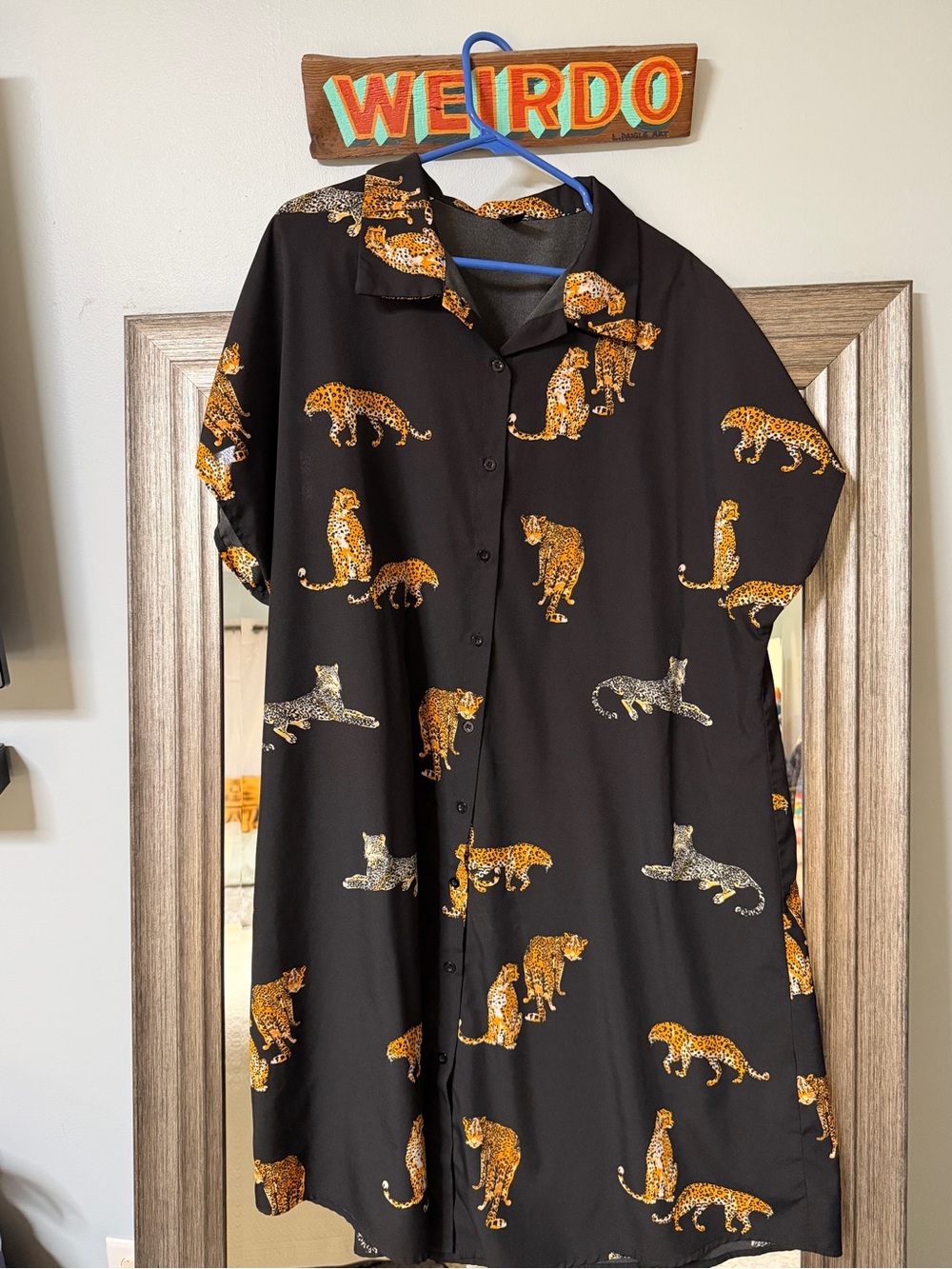 Black Leopard Print Collared Dress